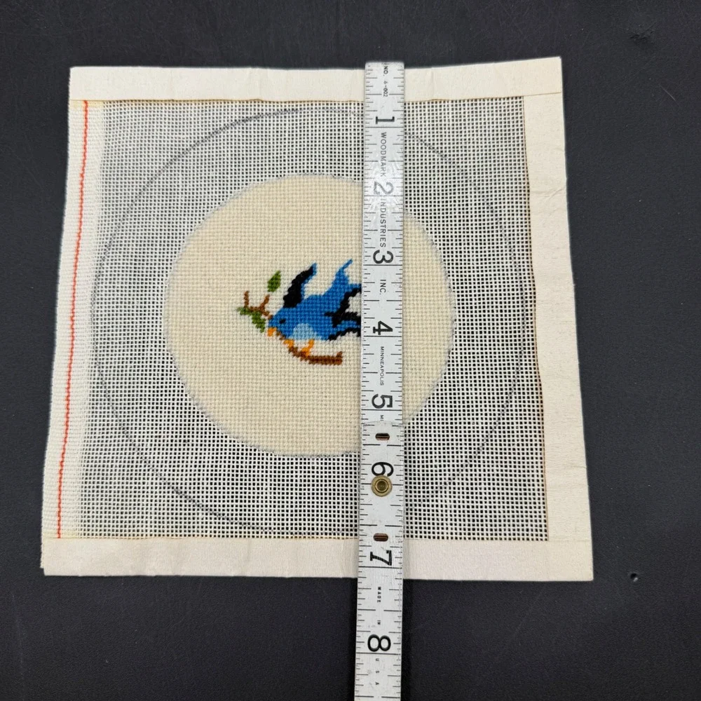 Vintage Needlepoint Bluebird Canvas Art Home Decor Small Blue White Bird Cottage